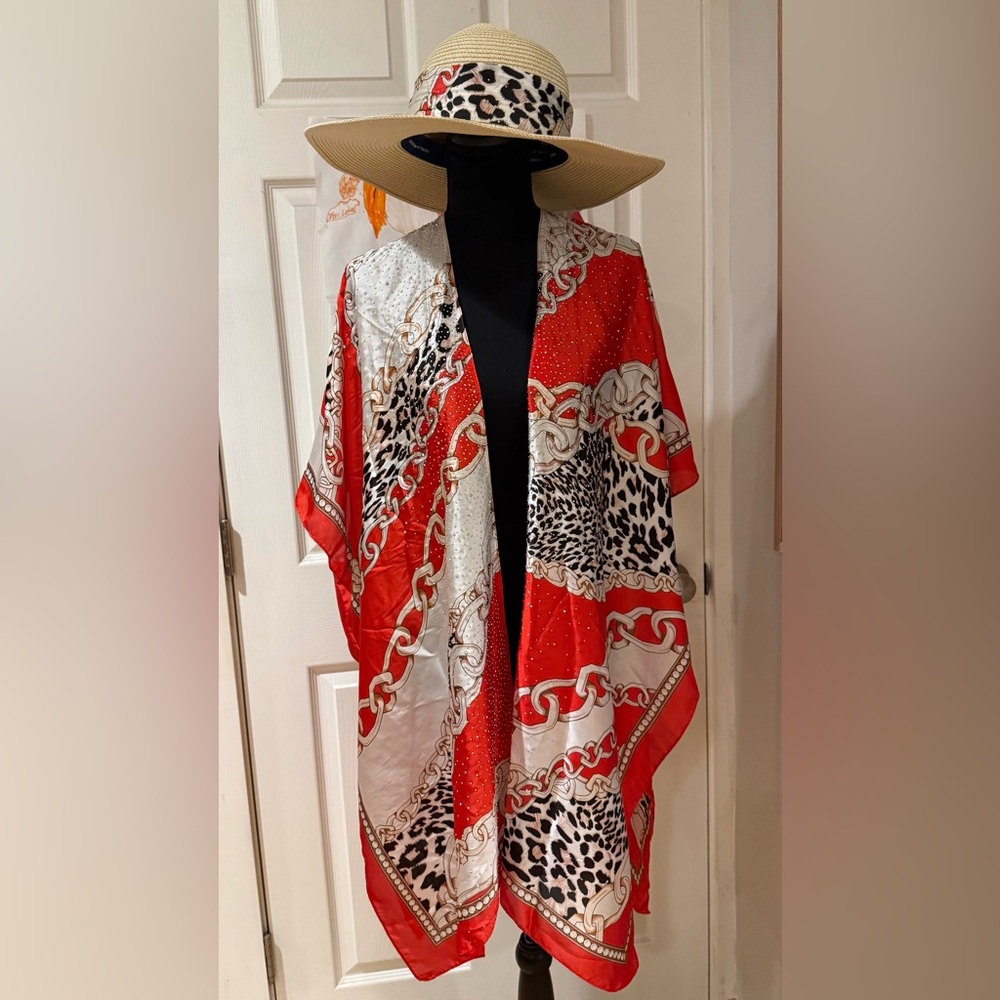 New Adrienne Vittadini Red and White Chain-Print Kimono Cover-Up and hat set
